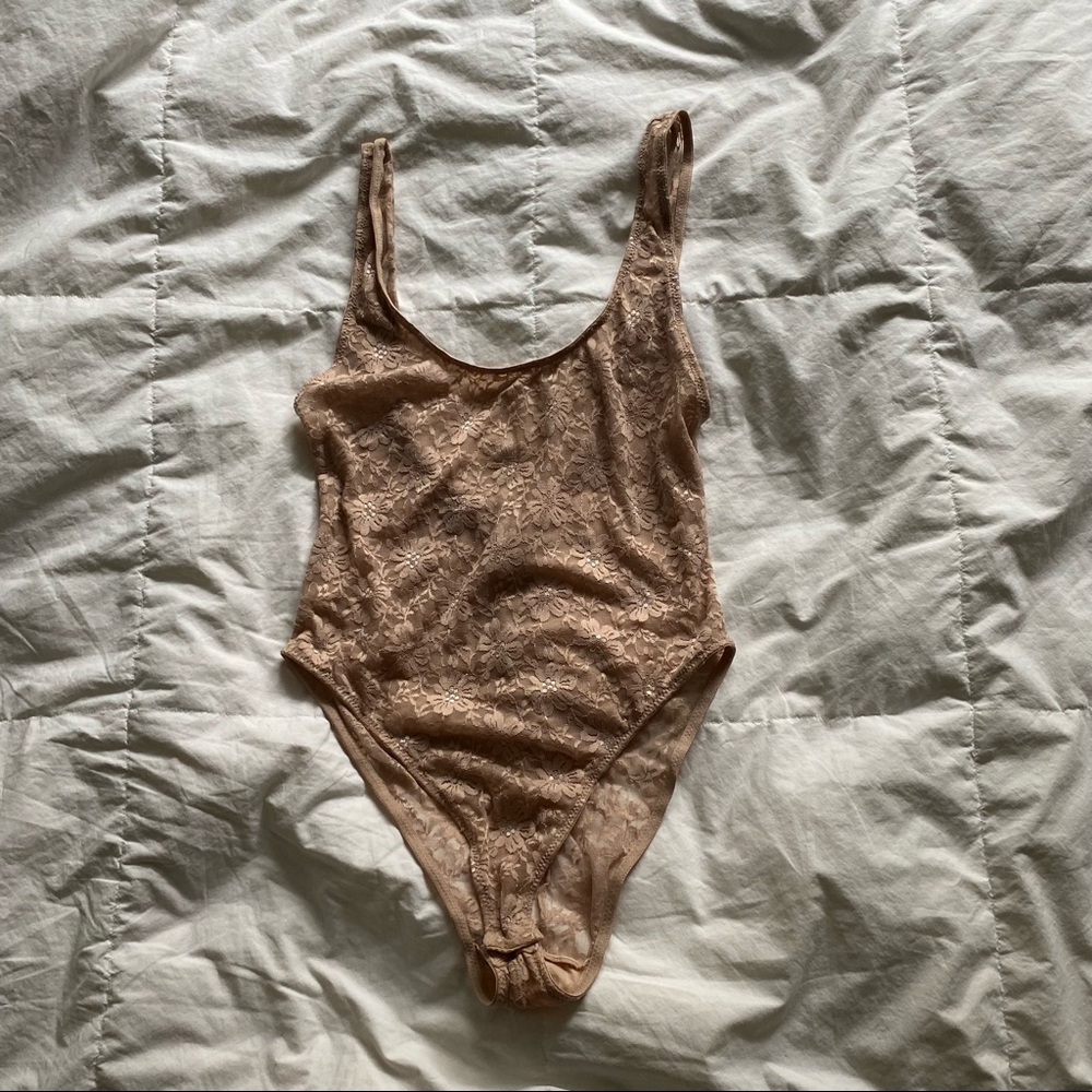 tan lace thong bodysuit sz small